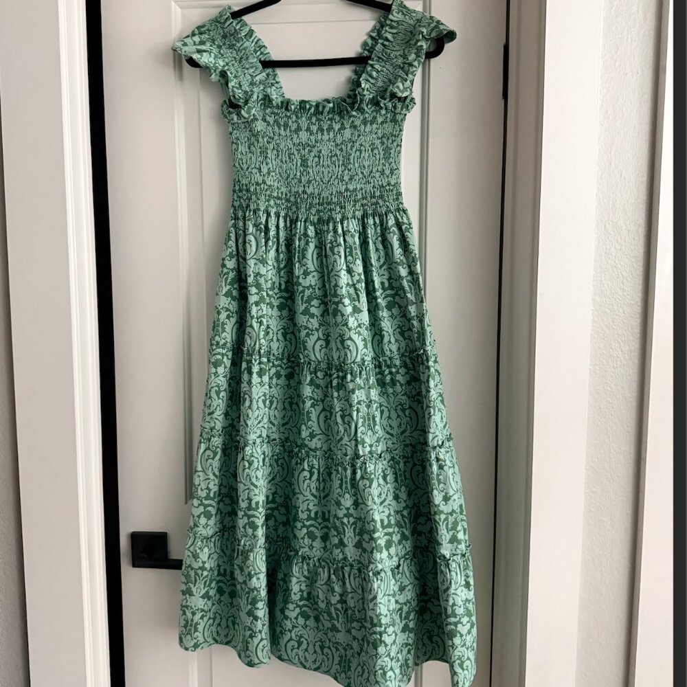 Hill House Ellie Nap in Green Jacquard Print Smocked Midi Dress Size S - Picture 2 of 4